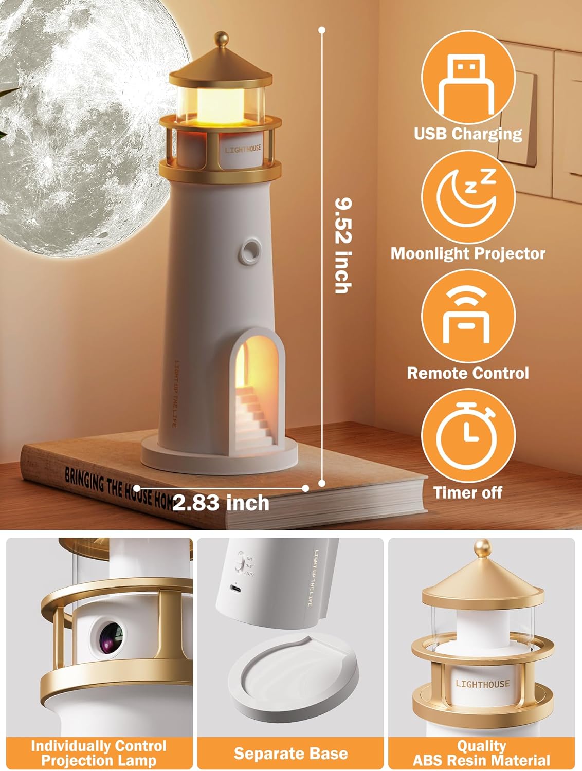 Moon Lamp Projector Night Light,Lighthouse Lamp Decor Night Light for Kids,Moon Light Galaxy Projector Rechargeable LED Aesthetic Table Lamp Christmas Birthday Gifts for Kids Boys Girl - Image 4