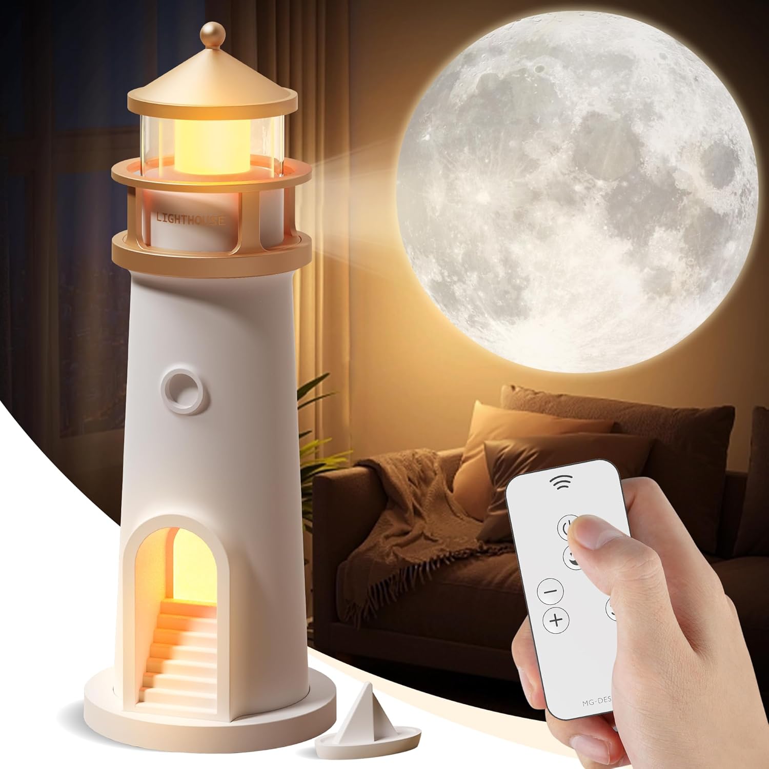 Moon Lamp Projector Night Light,Lighthouse Lamp Decor Night Light for Kids,Moon Light Galaxy Projector Rechargeable LED Aesthetic Table Lamp Christmas Birthday Gifts for Kids Boys Girl - Image 2